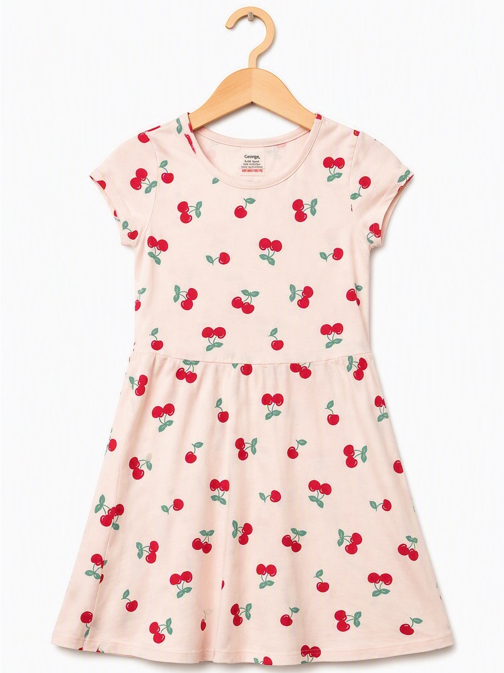 3/10$ George 100% Cotton Pink Cherry Print Flared Skater Dress XL 14-16 Summer